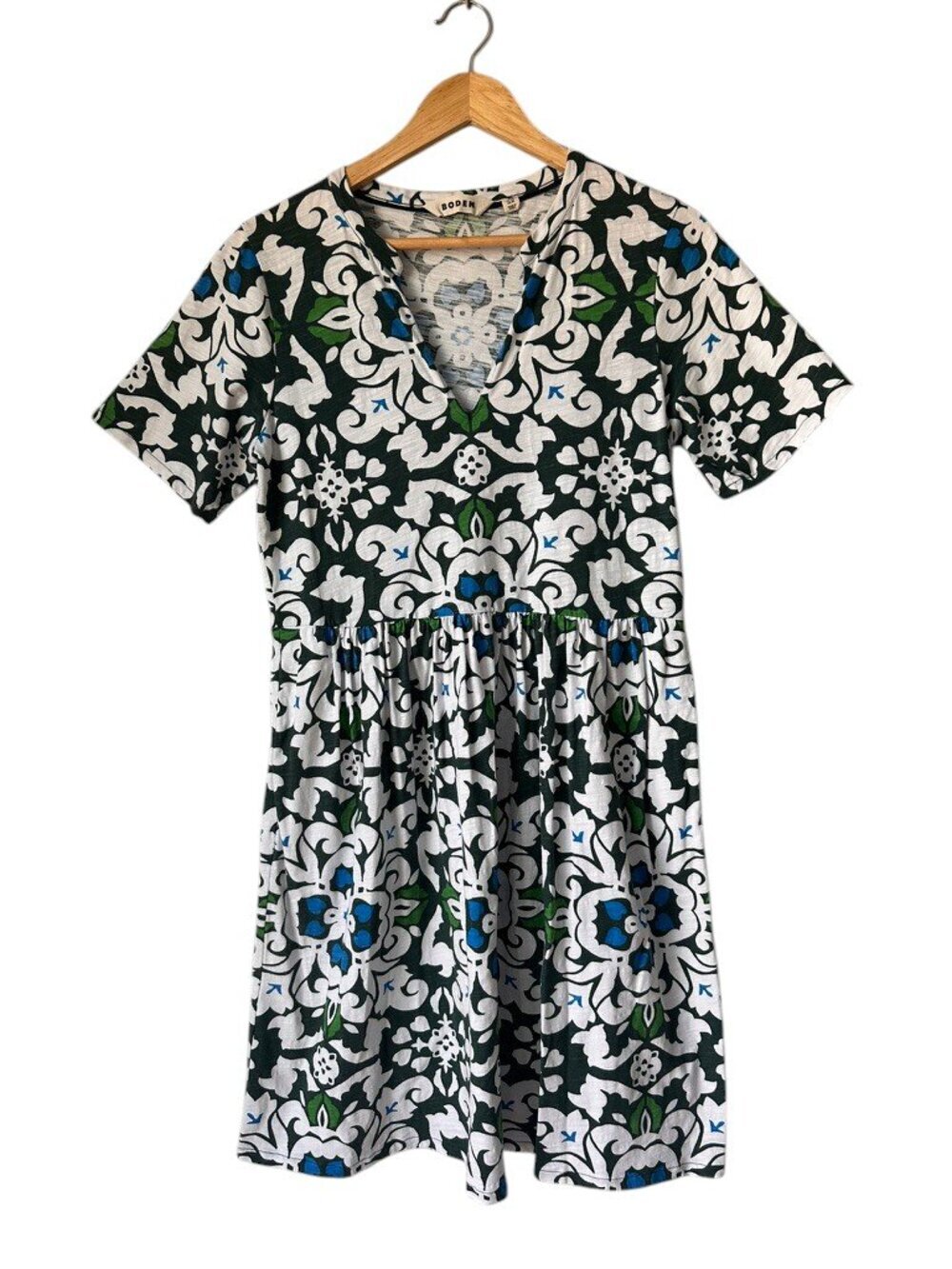 Boden Easy Notch Neck Jersey Dress 100% Cotton, Green and White, 8 - Picture 5 of 15